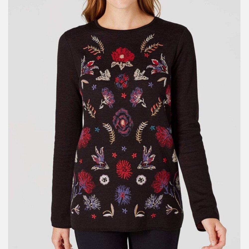 J. Jill Embroidered Floral Jacquard Pullover Sweater Black Multi Cotton Boho Xs
